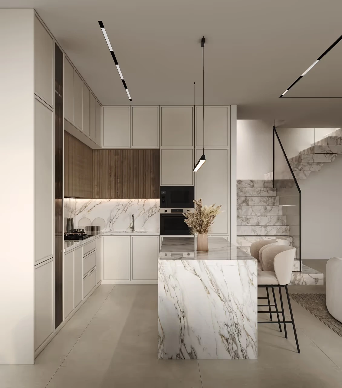 Immobilien mit Sachverstand - Immobilienberatung - Nahaufnahme einer modernen weißen Holzküche in einem Haus