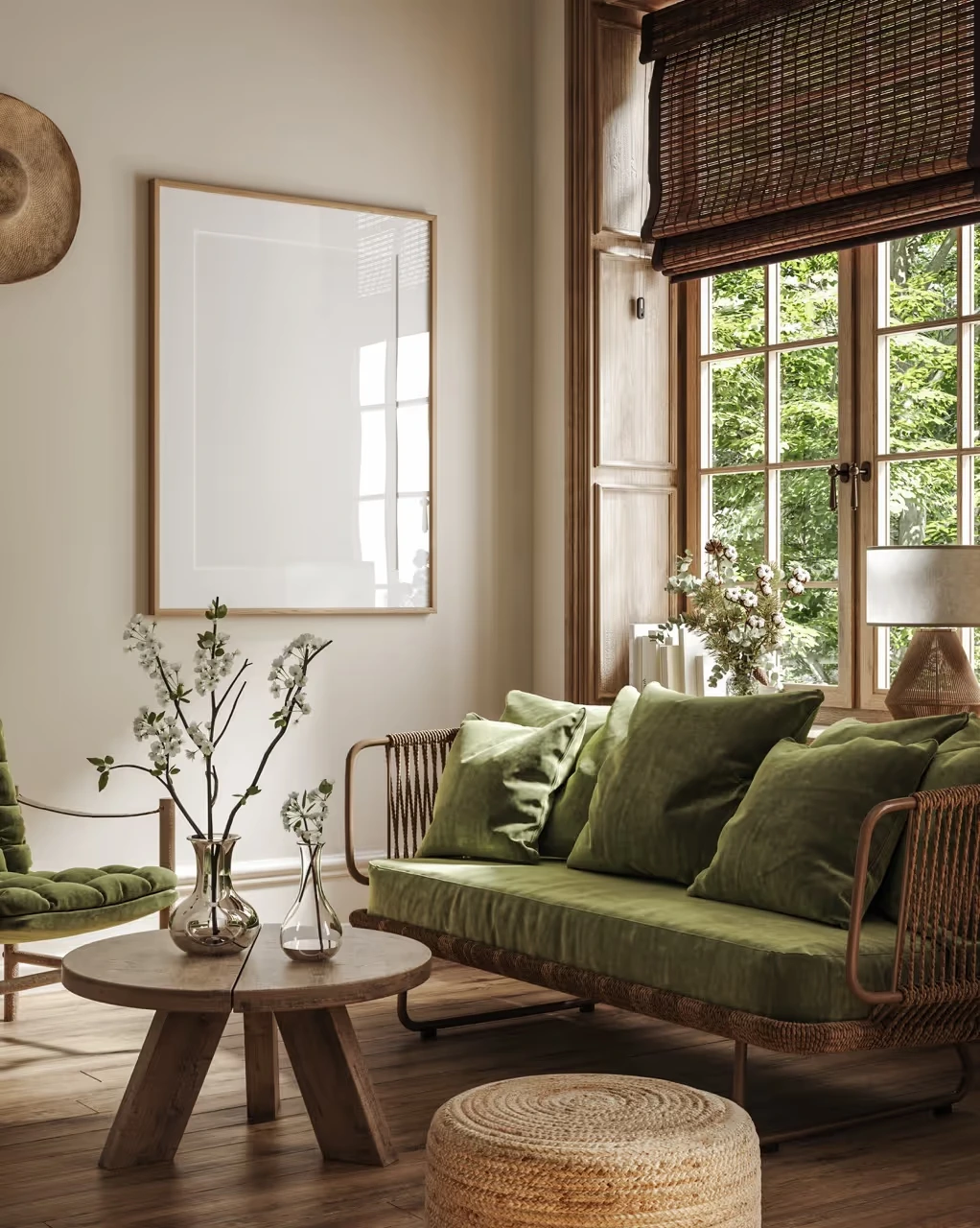 Immobilien mit Sachverstand - Immobilienberatung - Posterrahmen-Attrappe im Wohnhintergrund mit Sofa, Tisch und Dekor im Wohnzimmer, 3D-Rendering